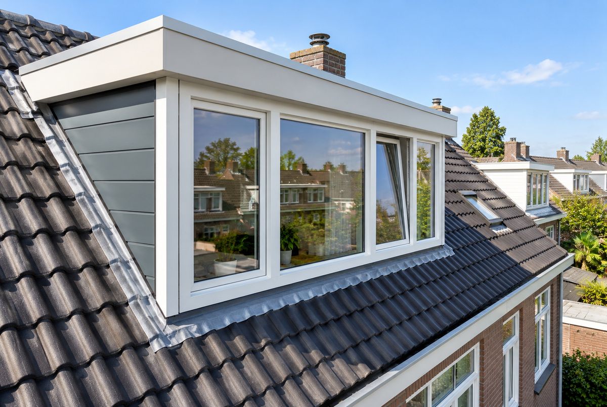 Dakkapel met witte kunststof kozijnen en draai-kiepraam Witte kunststof kozijnen in een moderne dakkapel op een schuin pannendak van een Nederlandse woning