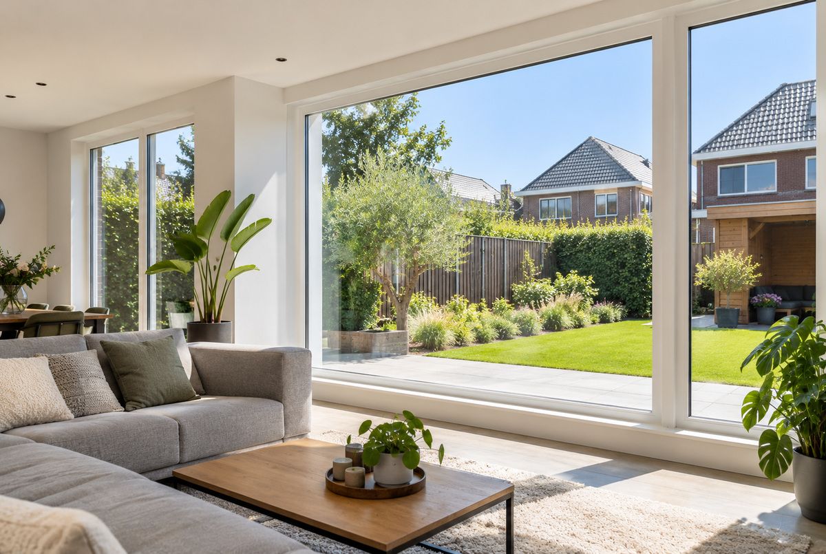 Grote witte kunststof kozijnen met vaste glaspartijen in een moderne woonkamer met uitzicht op de achtertuin