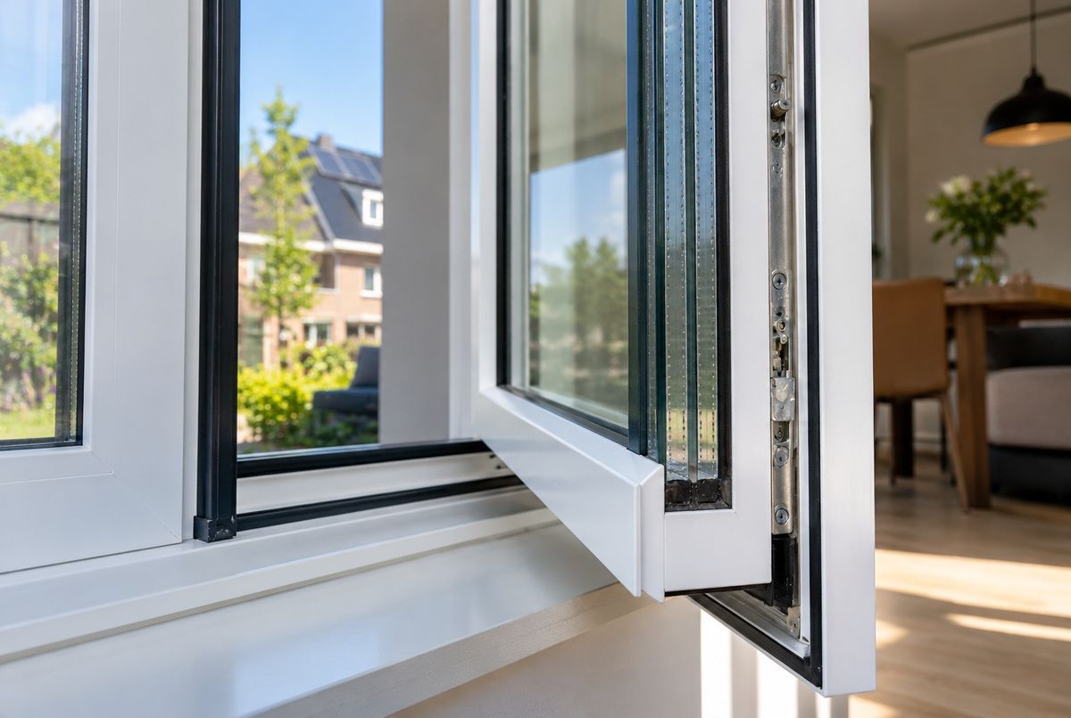 Detail van een openstaand wit kunststof kozijn met isolatieglas, rubberen afdichtingen en raambeslag