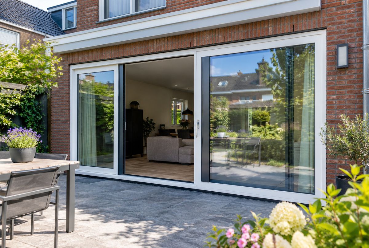 Grote kunststof schuifpui met witte kozijnen en glazen schuifpanelen die de woonkamer verbinden met het terras