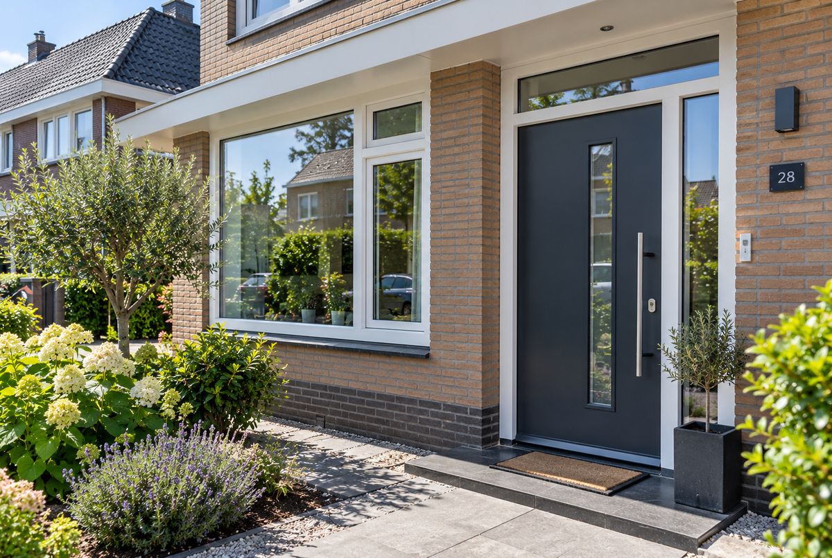Moderne antracietgrijze voordeur met witte kunststof kozijnen en grote ramen in de voorgevel van een Nederlandse woning
