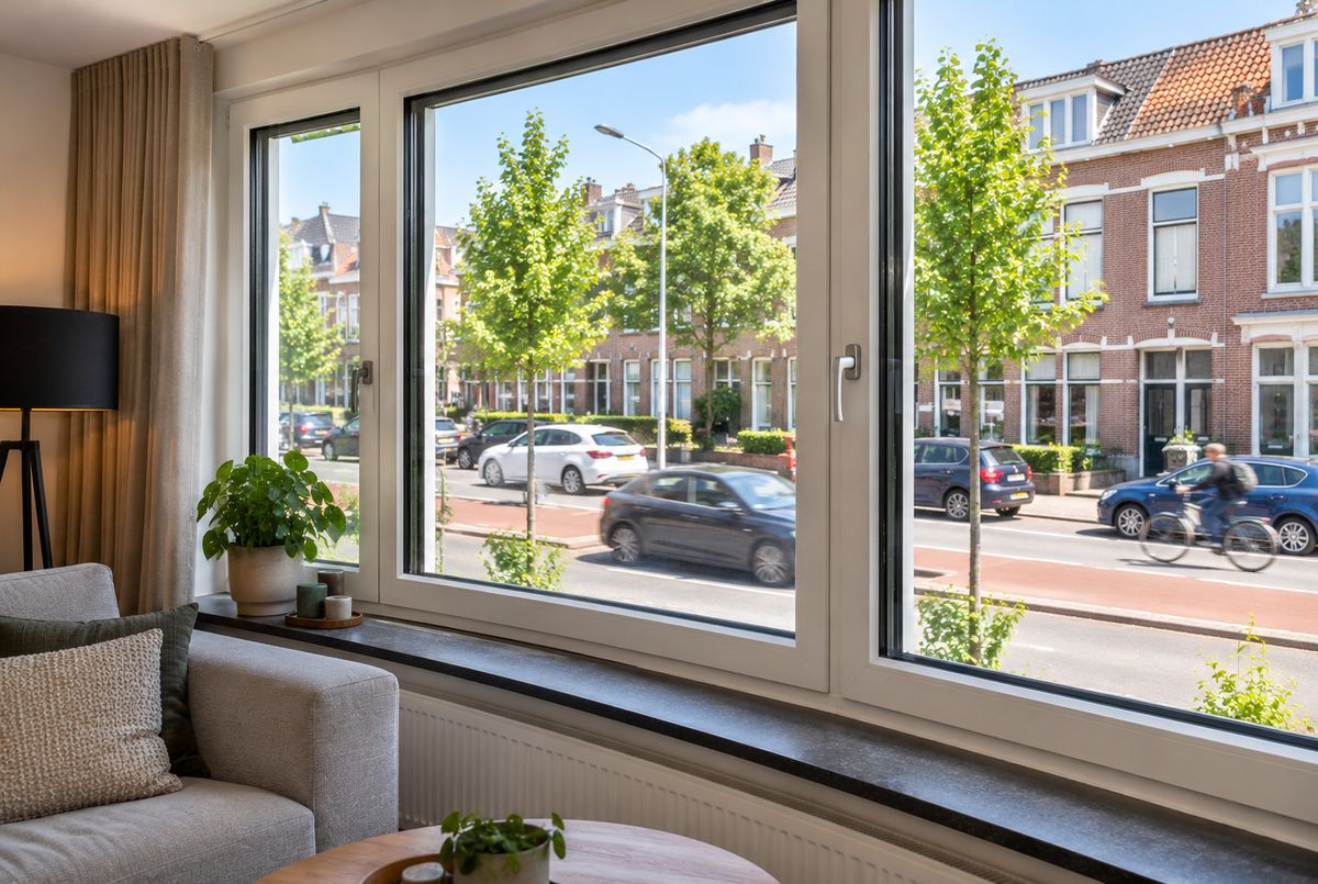 Grote witte kunststof kozijnen met glas in de woonkamer van een Nederlandse woning, met uitzicht op de straat